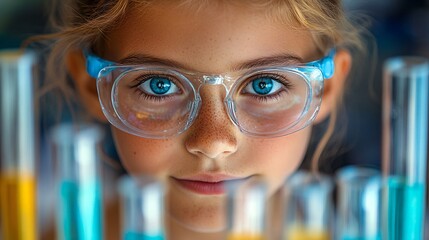 Curious Child Engaged in Colorful Science Experiment with Test Tubes in School Close-Up Photo