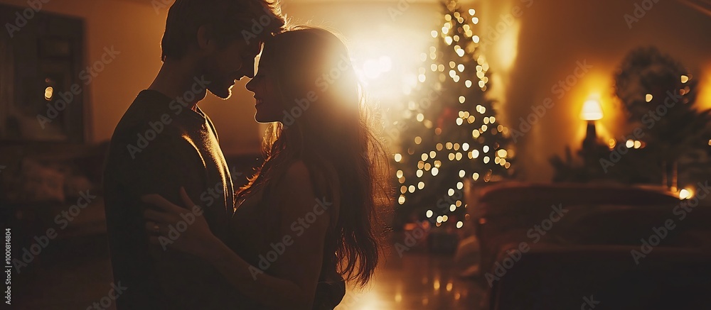 Poster couple dancing together in the living room in front of a lit christmas tree while holiday music play