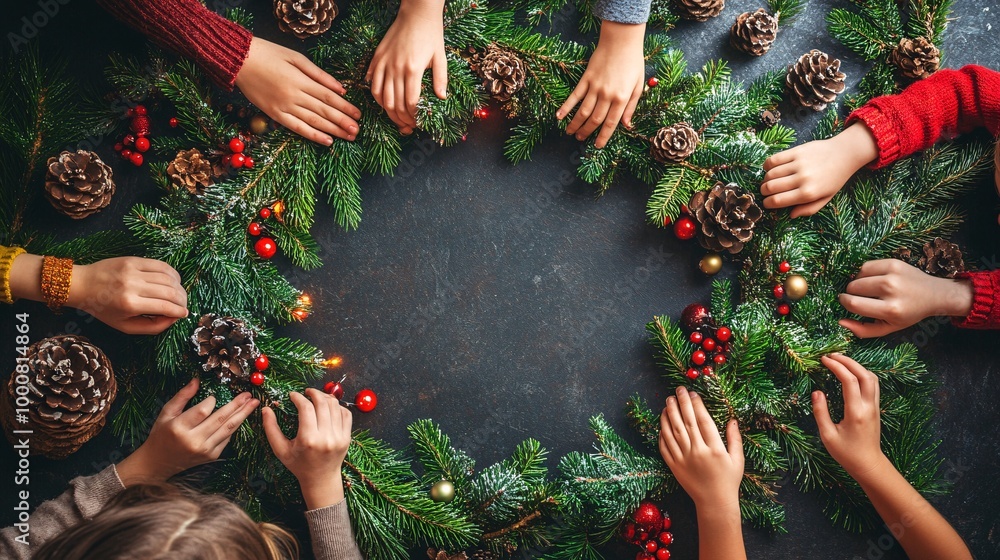 Poster Parents and children making a festive wreath together using pine branches and colorful decorations Large space for text in center Stock Photo with copy space