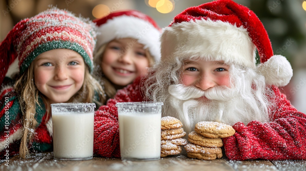 Poster Children placing milk and cookies on a table for Santa Claus while parents watch with smiles Large space for text in center Stock Photo with copy space
