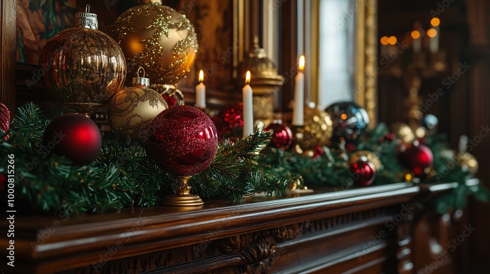 Poster close-up of a beautifully decorated mantelpiece with holiday garlands candles and festive ornaments 