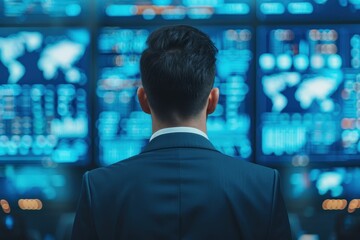 A businessman in a suit analyzing global financial data displayed on large digital screens, representing finance and decision-making.