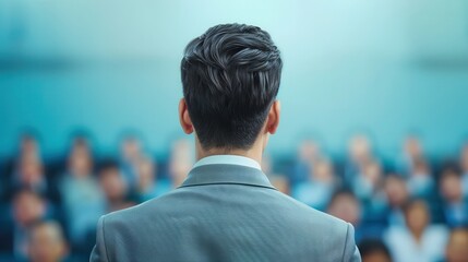 Rear view of a man in a suit addressing a large crowd during a professional business conference, focusing on leadership and public speaking.