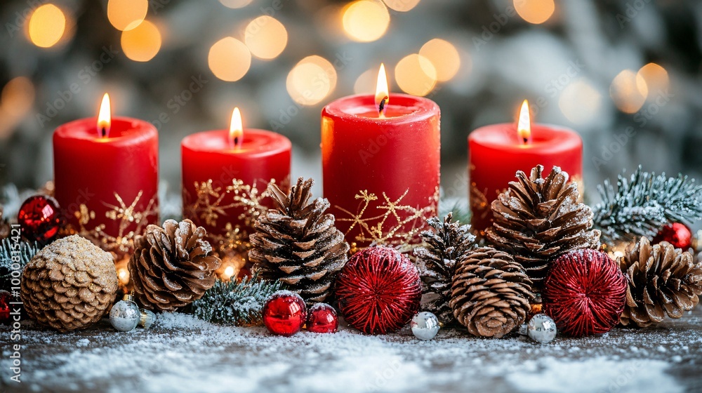 Poster Close-up of a festive dining table centerpiece with red candles pinecones and twinkling fairy lights Large space for text in center Stock Photo with copy space