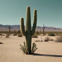 "A minimalist desert scene featuring a lone cactus with two arms, created using just basic shapes and solid colors. The cactus is dark green, contrasting against a light beige background."