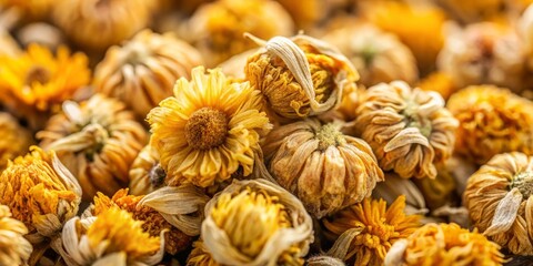 Fototapeta premium Close Up View of Dried Chrysanthemum Flowers Used in Herbal Tea for Health and Wellness Benefits
