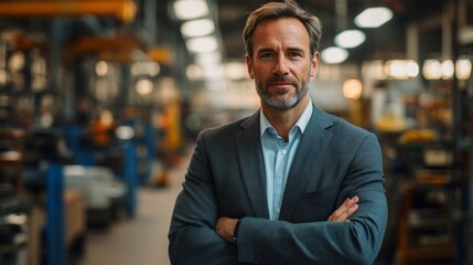 Fototapeta premium A man in a suit stands in a factory with his arms crossed