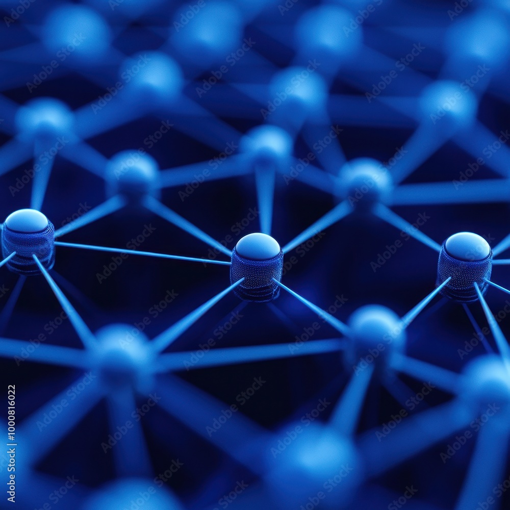 Poster abstract blue network structure with nodes and connections, on a dark background.