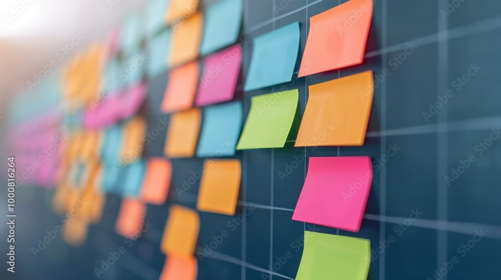 Poster a collection of colorful sticky notes organized on a grid board, symbolizing brainstorming, task man