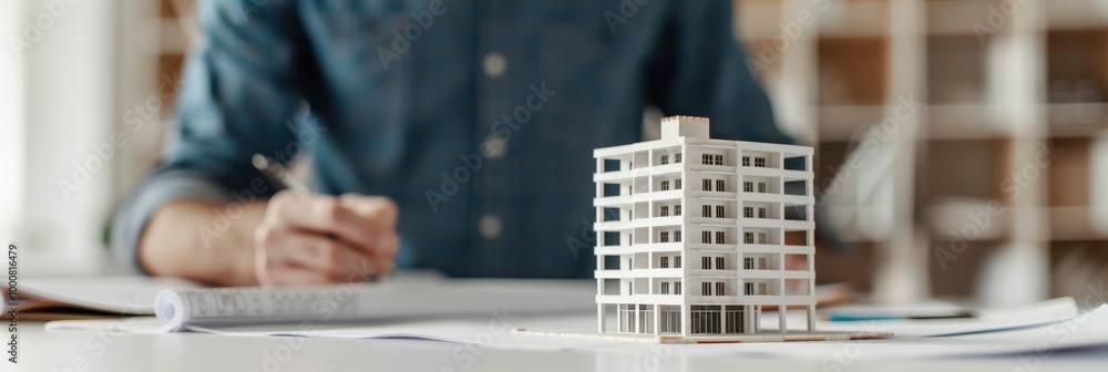 Poster an architect working on blueprints with a building model on the desk, representing architectural des
