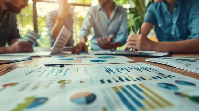 A close focus on business financial charts and colorful pie graphs laid out on a desk, indicating data analysis or strategic planning.
