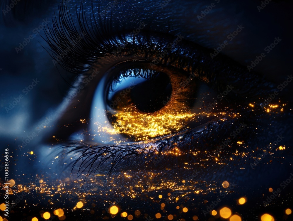 Poster close-up of an eye with an abstract cityscape reflection and golden bokeh lights.