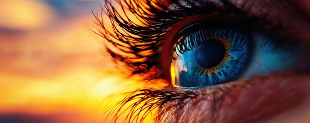Close-up of a human eye with a colorful sunset reflection.