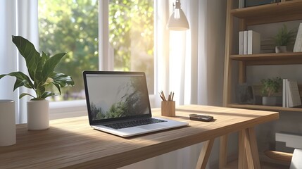 Fototapeta premium Sunlit Home Office with Laptop on Wooden Desk - A Modern Remote Work Space Setup.