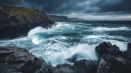 Fototapeta premium Stormy Sea Waves Crashing Against Rocky Cliffs