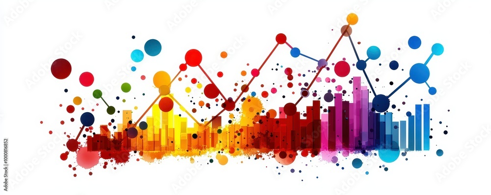 Poster colorful data visualization with vibrant bars and dots, white isolate background.