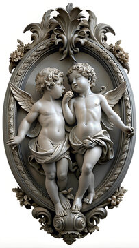 recommend clip art: Cherubs with wreath, empty oval frame Vintage Engraved line art drawing black and white Illustration