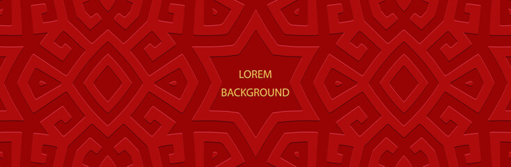 Banner, ethnic cover design. Geometric decorative Greek 3D pattern, meander. Red lorem background, embossing. Ornaments of the East, Asia, India, Mexico, Aztec, Peru. Space for text and advertising. 