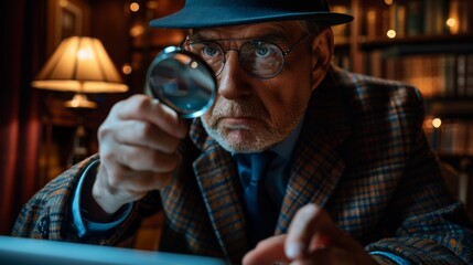 Detective examines laptop with magnifying glass in dimly lit room at night