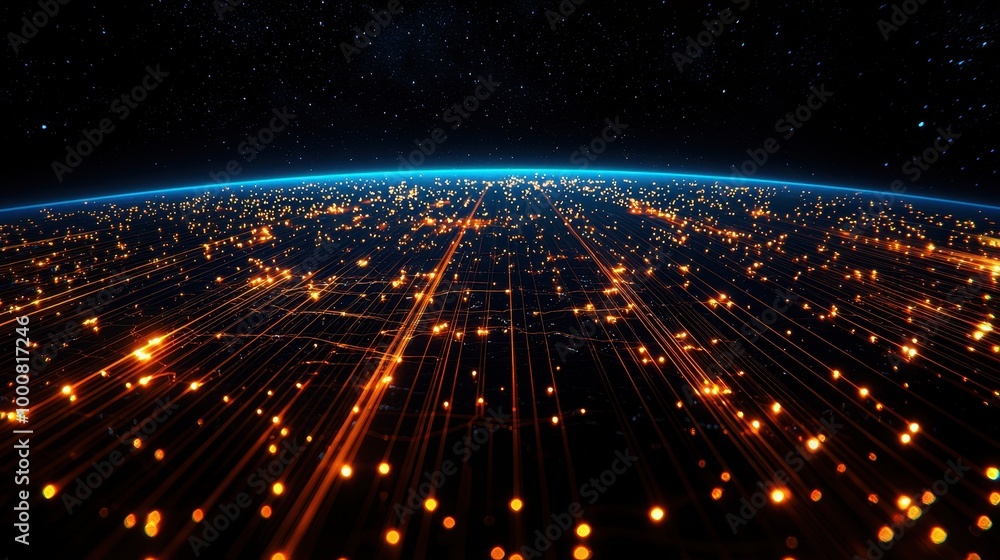 Poster digital connection lines over earth with glowing particles against starry background.