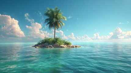 Solitary palm tree on a tiny desert island in the middle of a clear ocean on a sunny day