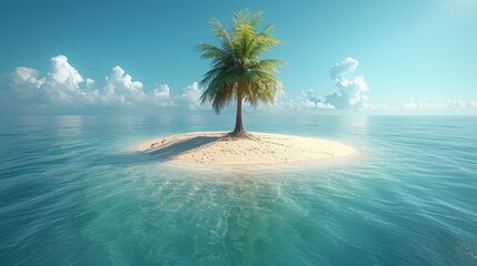 Solitary palm tree on a tiny desert island in the middle of a clear ocean on a sunny day