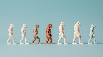 Obraz premium Row of ape figurines showing evolution stages, lined up against a blue background, symbolizing human evolution and development.