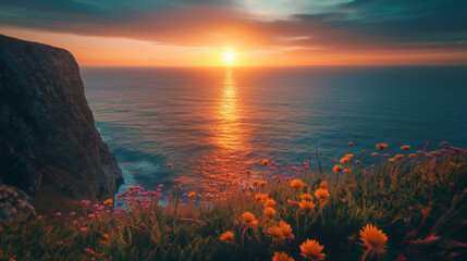 Vibrant Sunset Over Ocean with Coastal Wildflowers