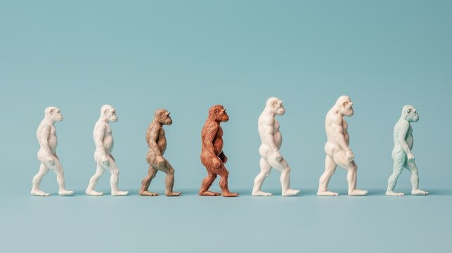 Row of ape figurines showing evolution stages, lined up against a blue background, symbolizing human evolution and development.