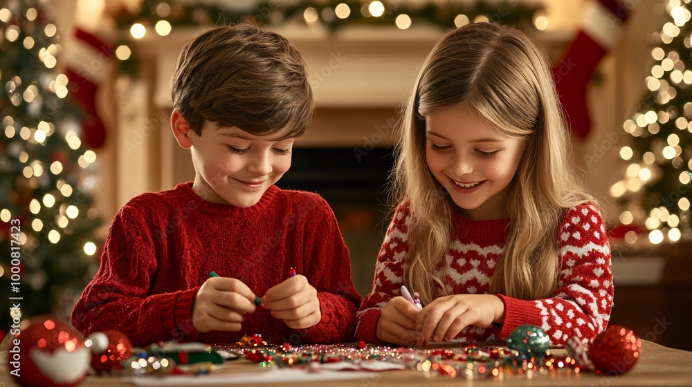 Poster children sitting at a craft table surrounded by glitter paper markers and glue creating colorful hol