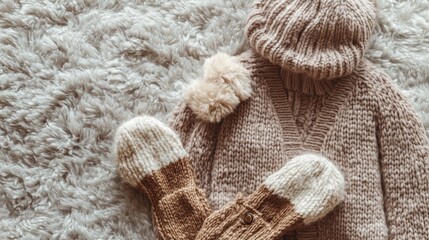 Cozy womenas winter fashion flat lay with a knitted cardigan, fuzzy socks, and a winter hat styled on a textured fabric background.