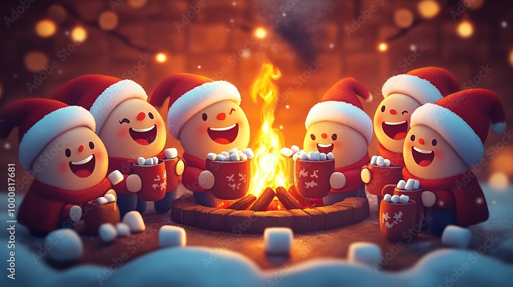 Poster family gathered around a fireplace sipping hot cocoa with marshmallows and sharing holiday stories s