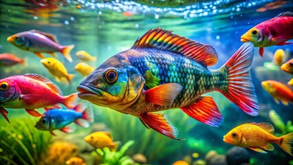 Fototapeta premium Colorful and Unique Freshwater Fish Swimming in a Vibrant Aquatic Environment Underwater Scene