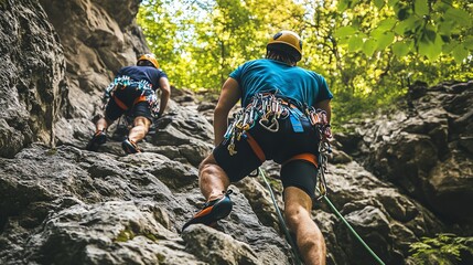 Obraz premium Two rock climbers ascend a rock face.