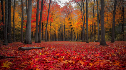 Colorful Autumn Forest with Red and Orange Leaves