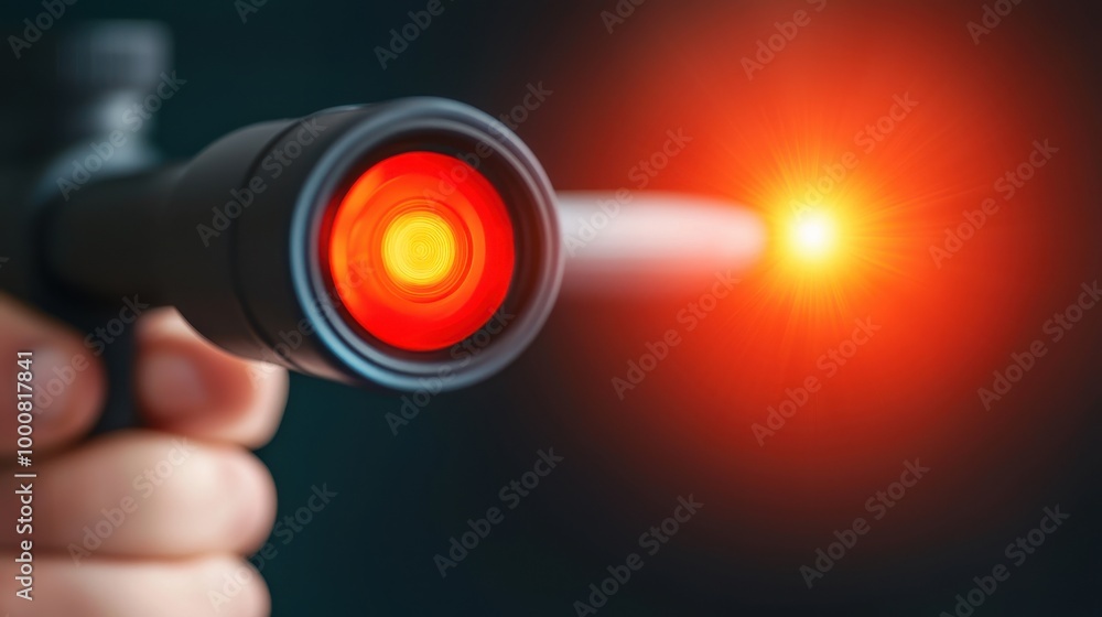 Poster hand holding a laser pointer with red beam on dark background.