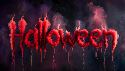 scary "Halloween" text made from red smoke, isolated on a dark, ominous cloud like background. Perfect for spooky-themed designs, Halloween promotions, party invitations, or eerie artistic projects