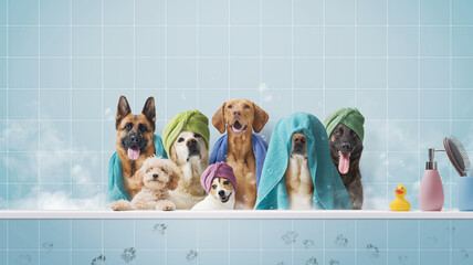 Group of dogs having a bath together