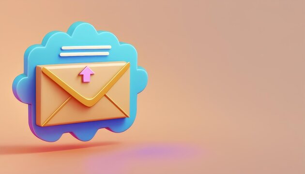 Colorful 3D envelope icon with notification symbol against a soft background.