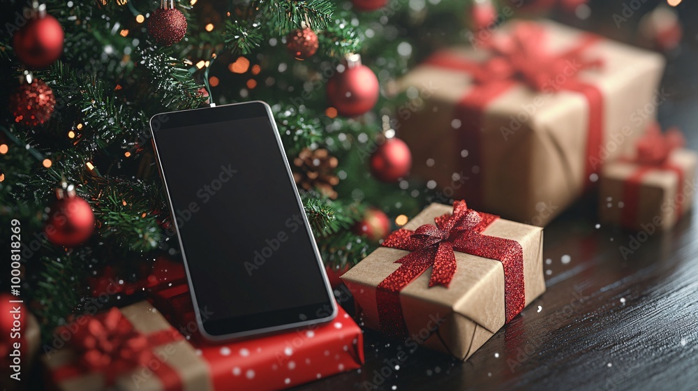 Poster 3d render of a blank screen smartphone laptop and tablet placed on a festive podium with a decorated