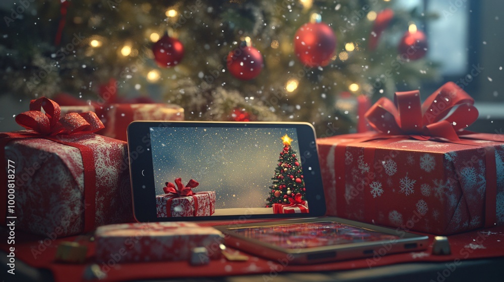 Poster 3d render of a blank screen smartphone laptop and tablet placed on a festive podium with a decorated