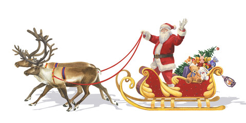 Watercolor Santa Claus on two reindeer with gifts on a white background