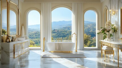 A chic Italian villa bathroom, featuring marble floors, gold fixtures, and large windows framing views of the surrounding hills