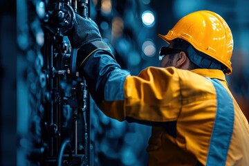Industrial worker operating machinery in a factory environment.