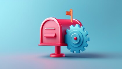 Colorful mailbox with a gear, modern design on a blue background.
