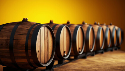 Wooden barrels in a row on a yellow background 