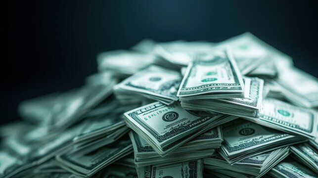 Pile of cash bills stacked against a dark background, conveying wealth and finance.