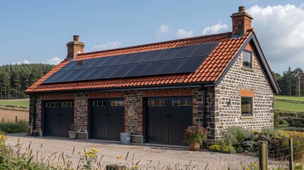 Charming stone garage with solar panels surrounded by lush countryside and under a blue sky in autumn. Generative AI