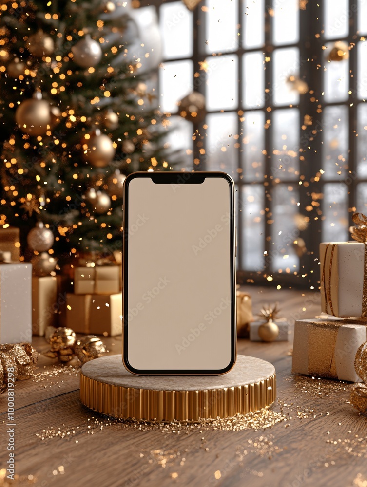 Poster 3d render of a blank screen smartphone laptop and tablet on a vertical podium decorated with festive