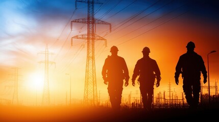 Silhouettes of workers against a sunset and power lines on a dramatic background.